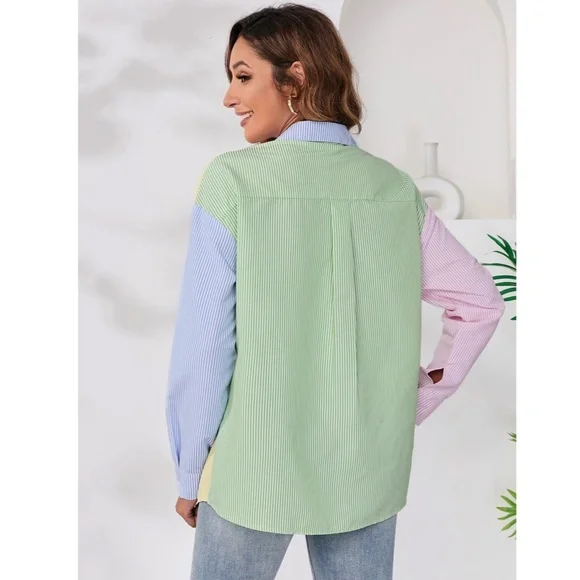 Multicolor Striped Casual Oversized Button Down Shirt (Blue, Green, Yellow, Pink - Picture 4 of 8